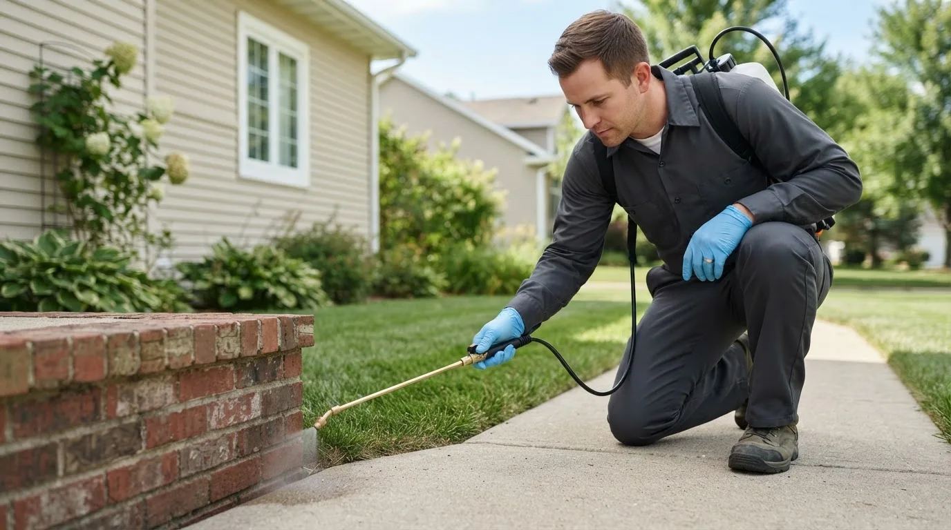 Pest control technician treating a home near Clay Center, OH