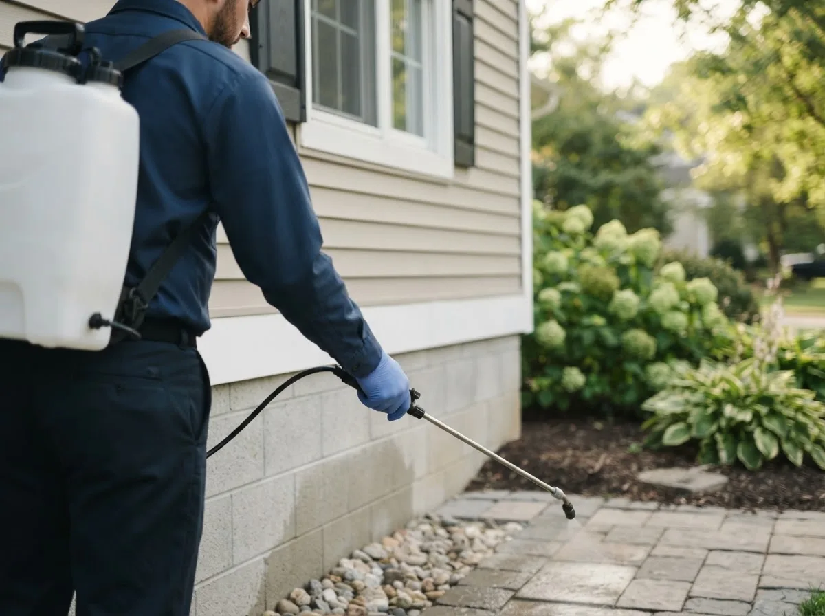 Pest control technician inspecting a home in Clay Center, OH